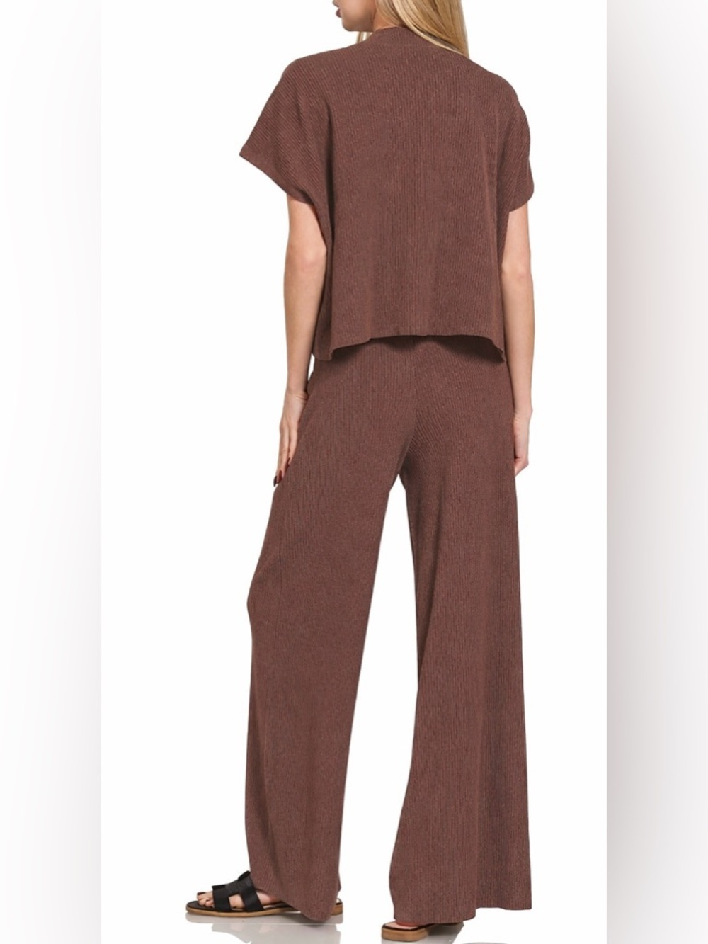 NEW Zenana Brown Viscose Ribbed Matching Set Top & High Rise Pants Size Large - Picture 4 of 5